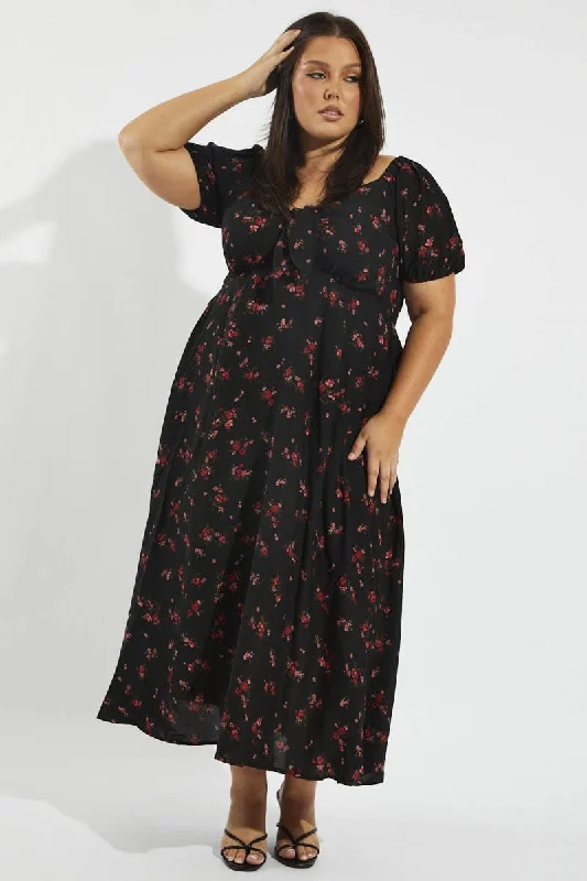 Black Floral Puff Sleeve Midi Dress Tie Front