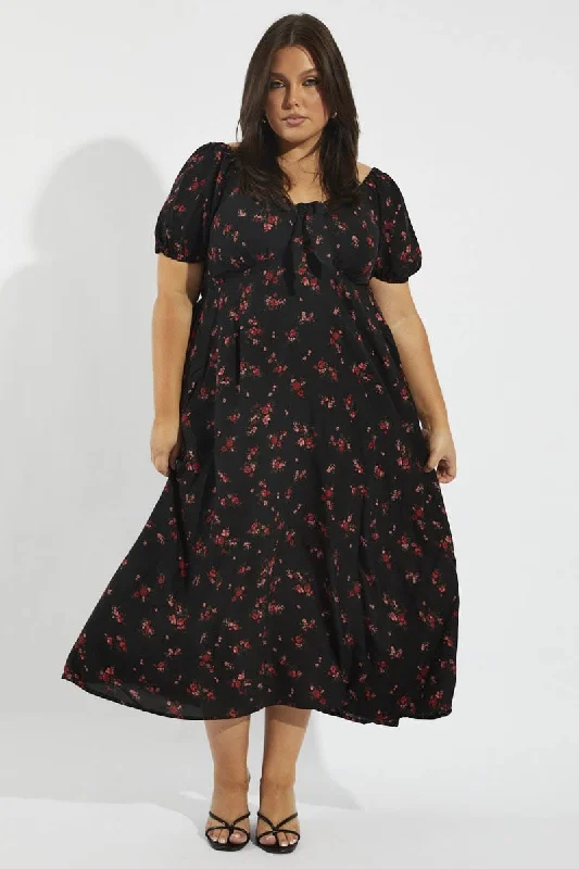 Black Floral Puff Sleeve Midi Dress Tie Front