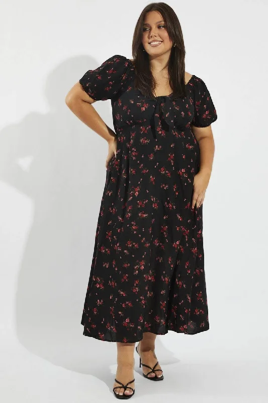 Black Floral Puff Sleeve Midi Dress Tie Front