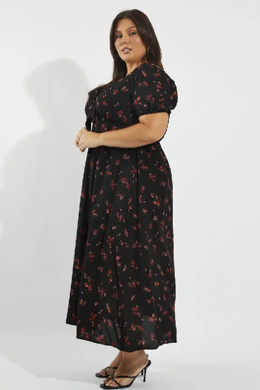 Black Floral Puff Sleeve Midi Dress Tie Front