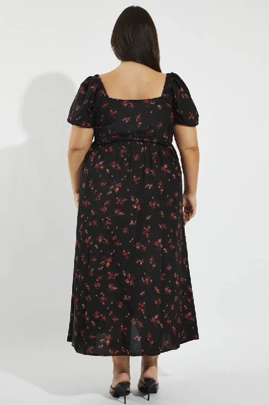 Black Floral Puff Sleeve Midi Dress Tie Front