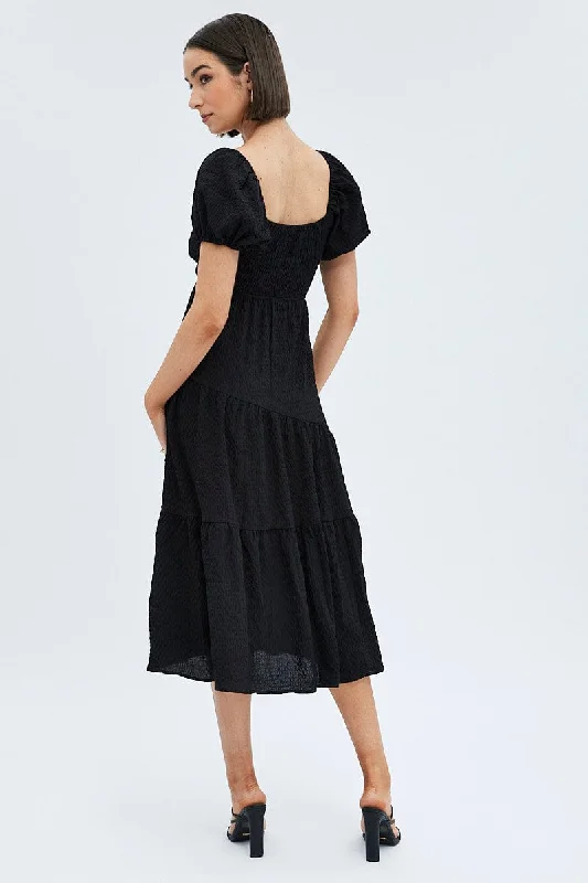 Black Midi Dress Short Sleeve Cut Out