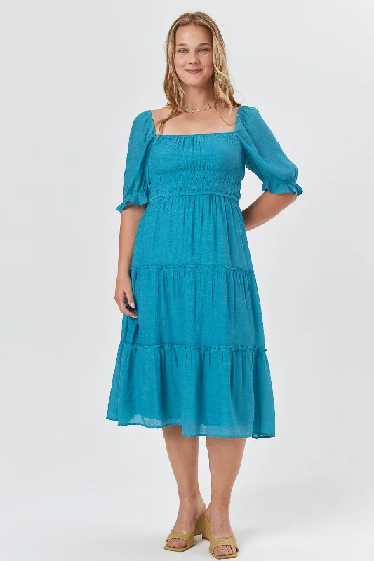 Blue Square Neck Midi Dress