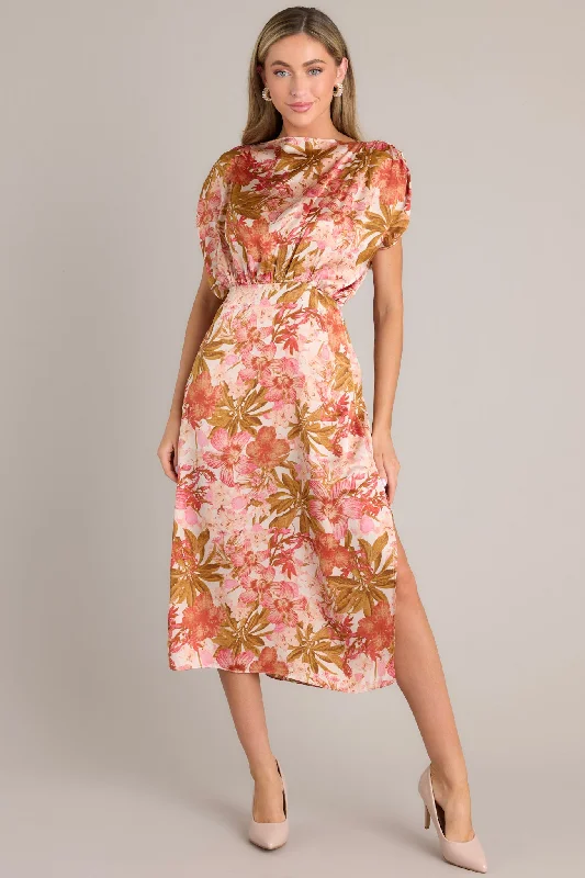 Garden Romance Rose Pink Floral Midi Dress