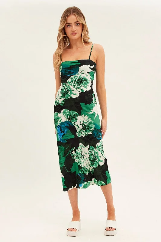 Green Floral Slip Dress Midi Strappy Back Floral Satin