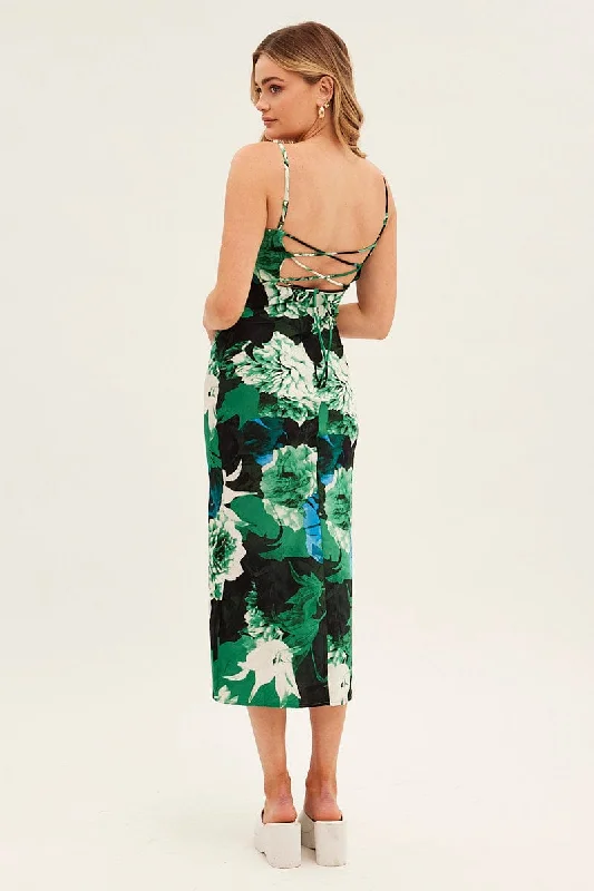 Green Floral Slip Dress Midi Strappy Back Floral Satin