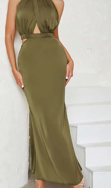 HALTER SATIN MIDI DRESS IN DARK FOREST