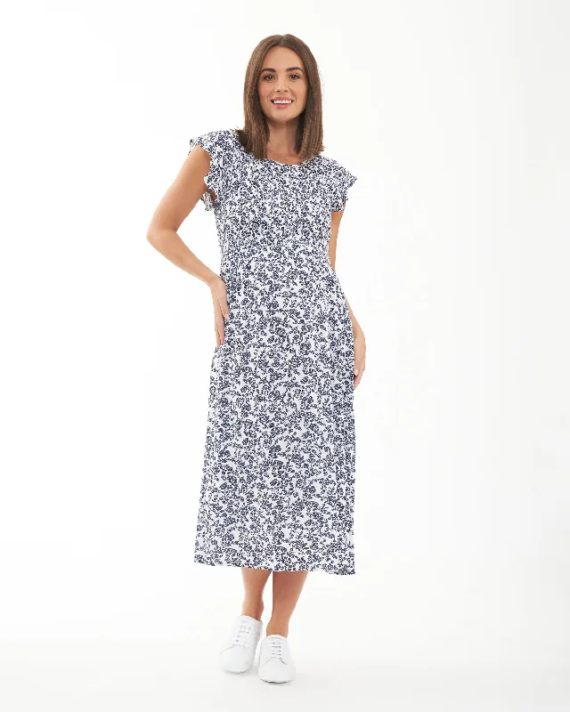 Joyce Shirred Dress  White / Navy