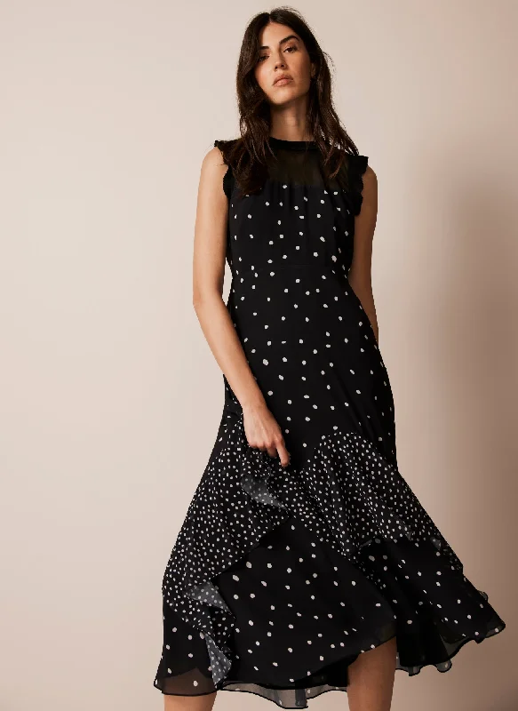 Black Spot Print Ruffle Maxi Dress