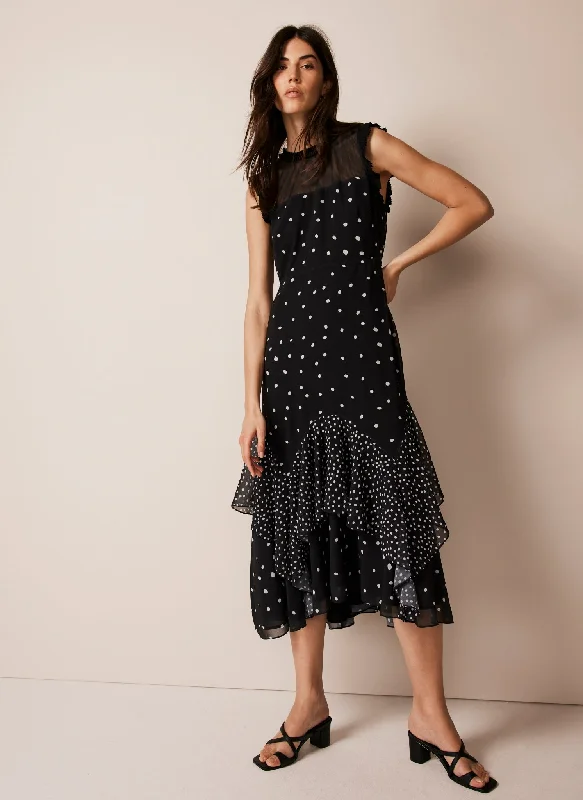 Black Spot Print Ruffle Maxi Dress