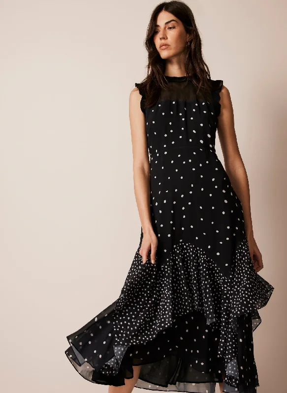 Black Spot Print Ruffle Maxi Dress