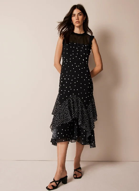 Black Spot Print Ruffle Maxi Dress