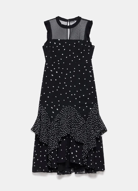 Black Spot Print Ruffle Maxi Dress