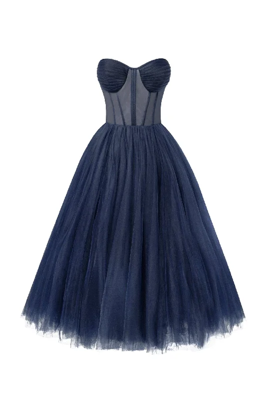 Navy Strapless Puffy Midi Tulle Dress