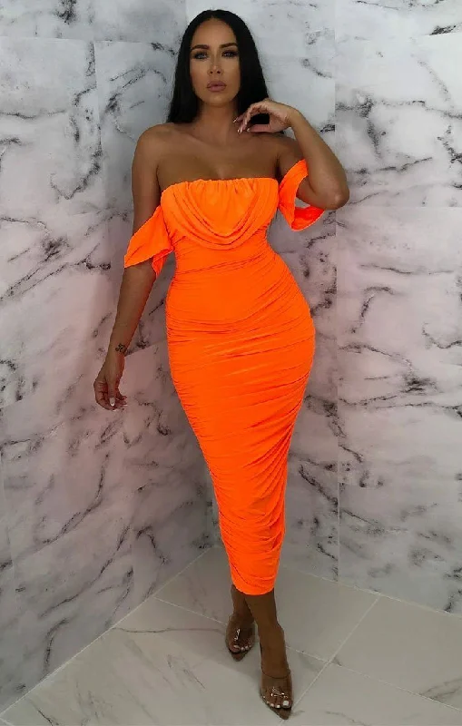 Neon Orange Bardot Cowl Neck Ruched Midi Dress - Malia