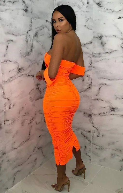 Neon Orange Bardot Cowl Neck Ruched Midi Dress - Malia