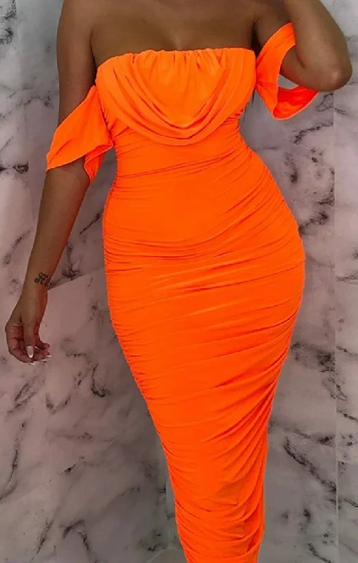 Neon Orange Bardot Cowl Neck Ruched Midi Dress - Malia