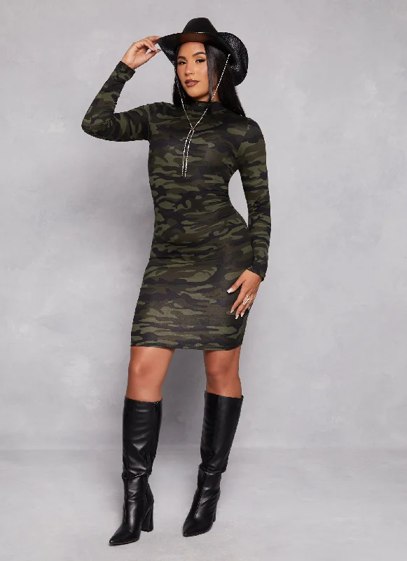 Camo Mock Neck T Shirt Dress