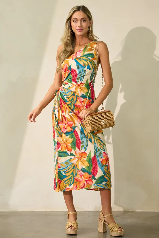 Safe To Say Multi Print One Shoulder Midi Dress