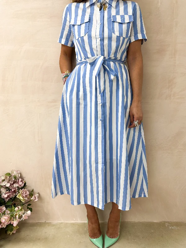 Shirt Midi Dress In Blue And White Stripe