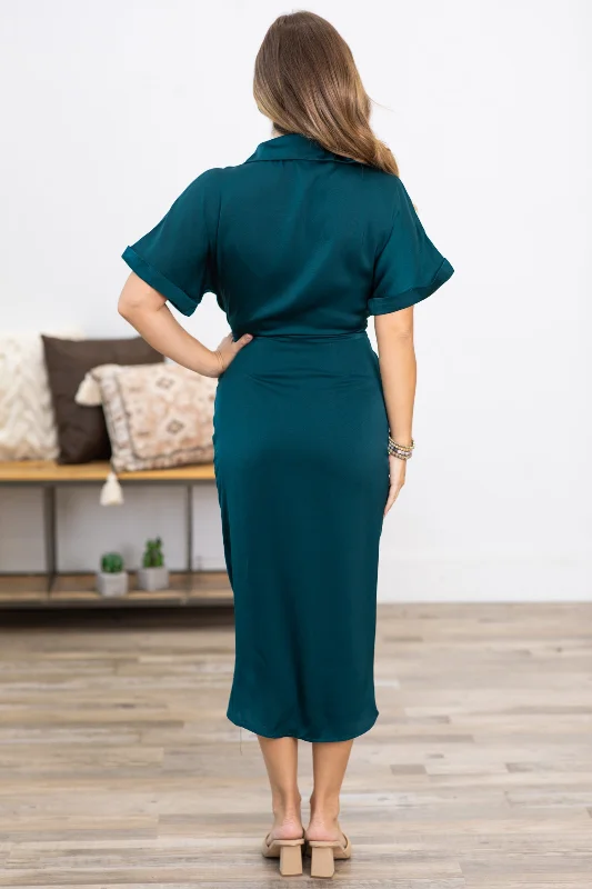 Teal Self Tie Midi Length Shirt Dress