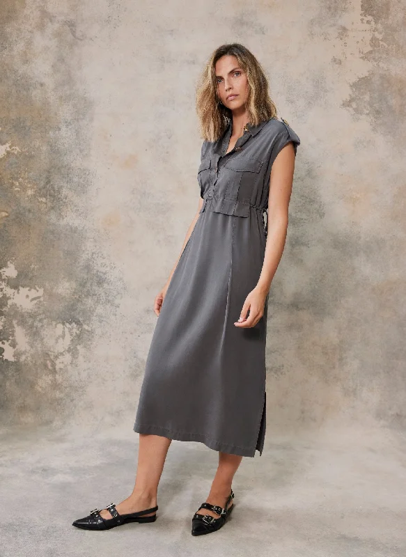 Grey Utility Midi Shirt Dress