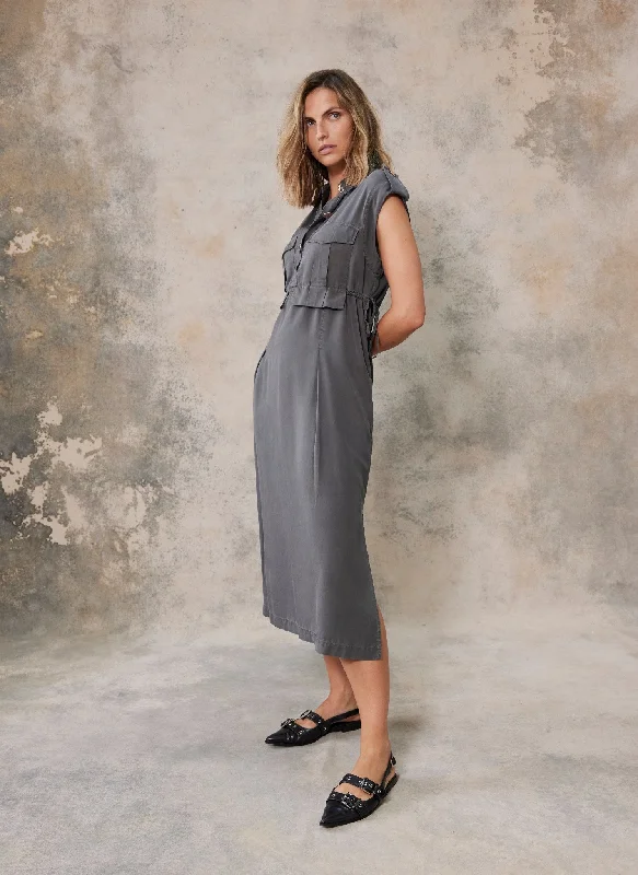 Grey Utility Midi Shirt Dress