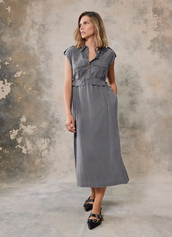 Grey Utility Midi Shirt Dress