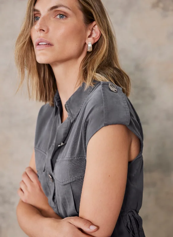 Grey Utility Midi Shirt Dress