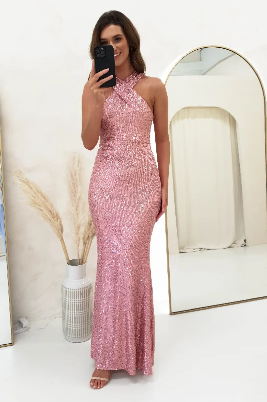 Jozelle Sequin Halterneck Bodycon Gown | Rose Gold