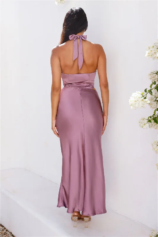 All The Invites Halter Satin Maxi Dress Purple