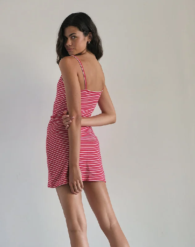 Anzhelina Strappy Mini Dress in Red and White Stripe with Strawberry Emb