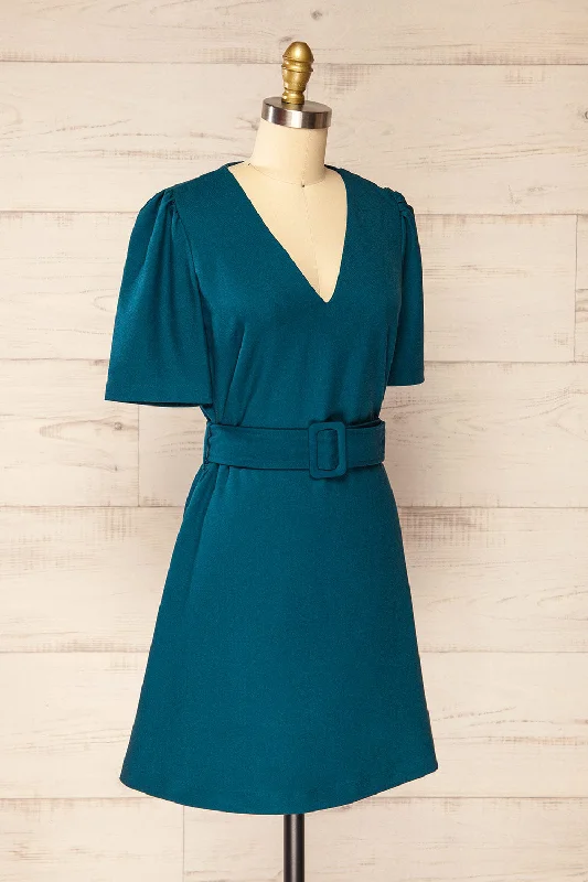 Bangkok Teal | Short A-Line Dress w/ Belt