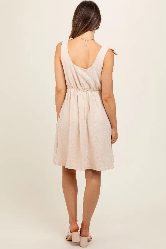 Beige Solid Tie-Shoulder Scoop Neck Maternity Dress