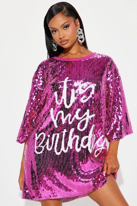 Birthday Queen Sequin Shirt Dress - Hot Pink/combo