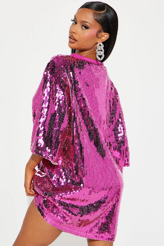 Birthday Queen Sequin Shirt Dress - Hot Pink/combo