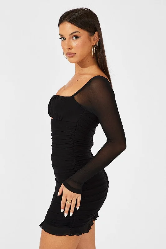 Black Bodycon Dress Ruched Mesh