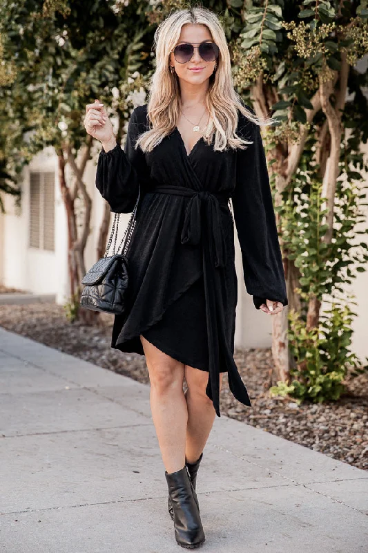 It's Your Move Black Collared Long Sleeve Belted Wrap Dress FINAL SALE