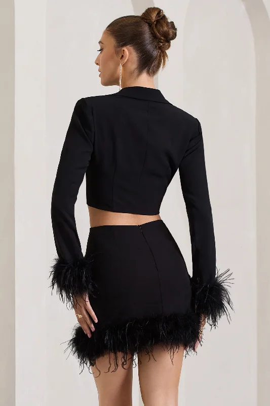 Tempting | Black Cropped Blazer With Feather Trim