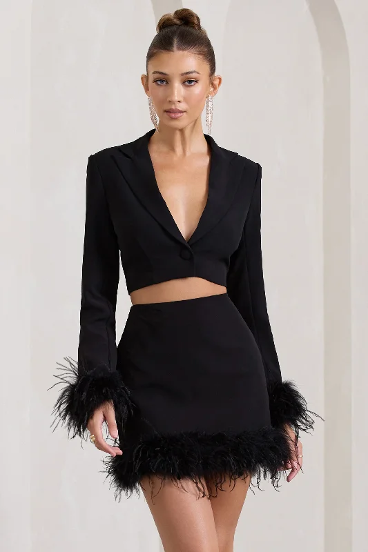 Tempting | Black Cropped Blazer With Feather Trim