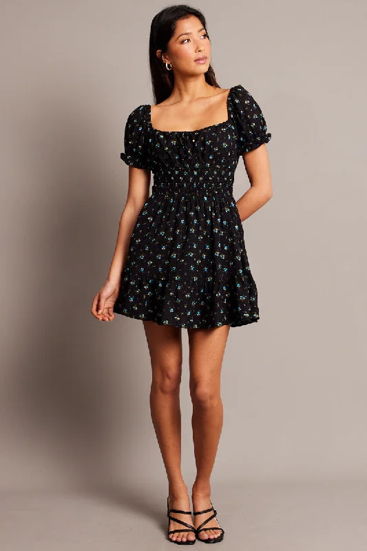 Black Ditsy Fit And Flare Dress Mini