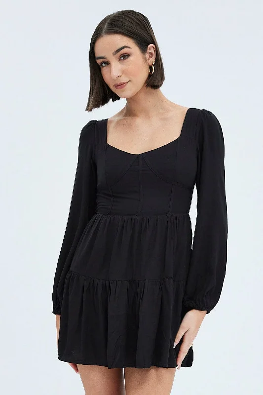 Black Fit And Flare Dress Long Sleeve Mini