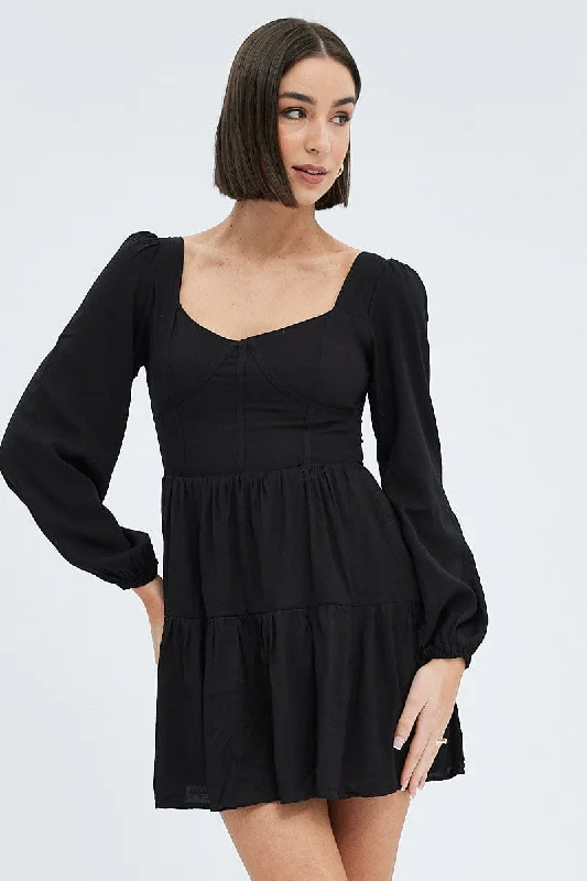 Black Fit And Flare Dress Long Sleeve Mini