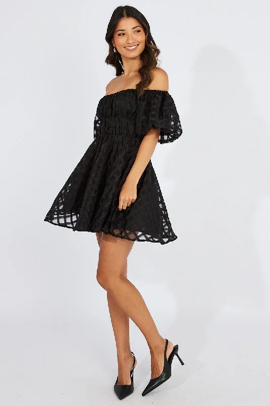 Black Fit And Flare Dress Puff Sleeve Mini