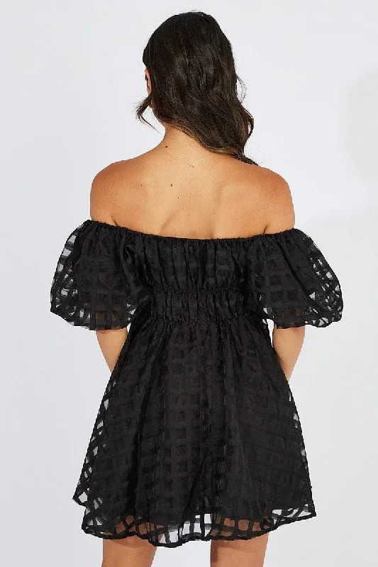 Black Fit And Flare Dress Puff Sleeve Mini