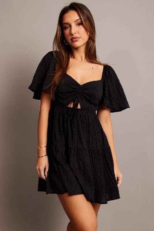 Black Fit And Flare Dress Short Sleeve Mini