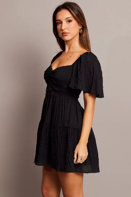 Black Fit And Flare Dress Short Sleeve Mini