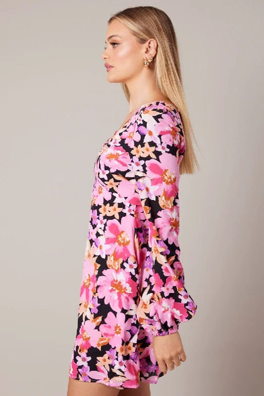 Black Floral Ballon Sleeve Dress Keyhole Swishy Skater Dress