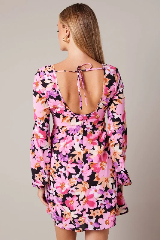 Black Floral Ballon Sleeve Dress Keyhole Swishy Skater Dress