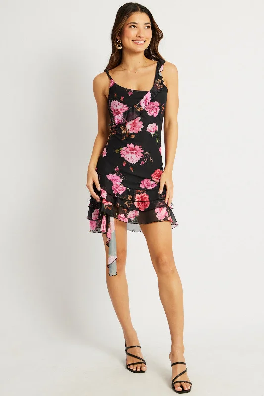 Black Floral Bodycon Dress Ruffle Hem Mini Mesh